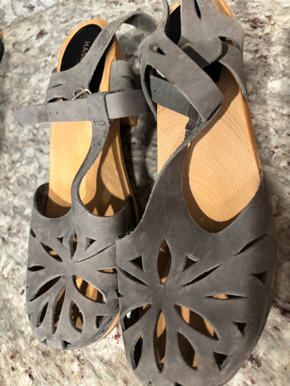 Swedish Hasbeens Grey Suede Cutout Ankle-Strap Clogs - Picture 4 of 11